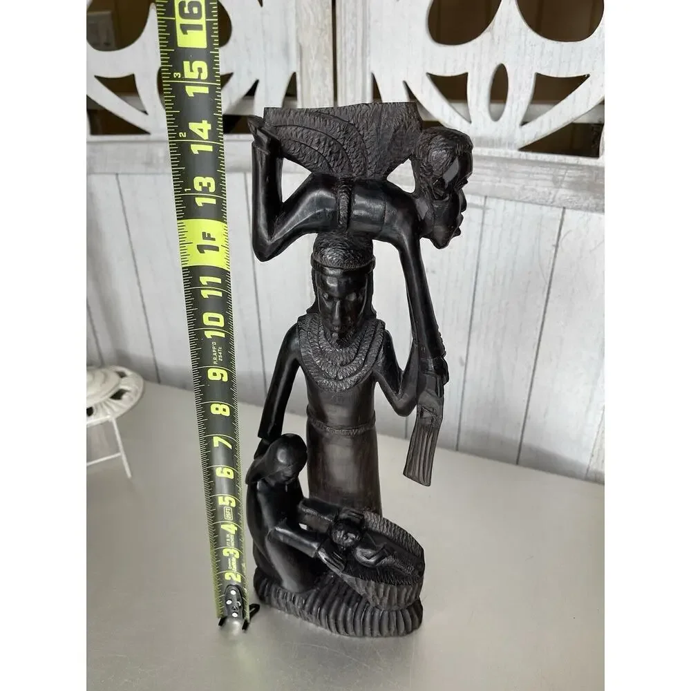 African Statue Ebony Wood Carved Family Of 4 Statue Tanzania 14.5in Mother Baby